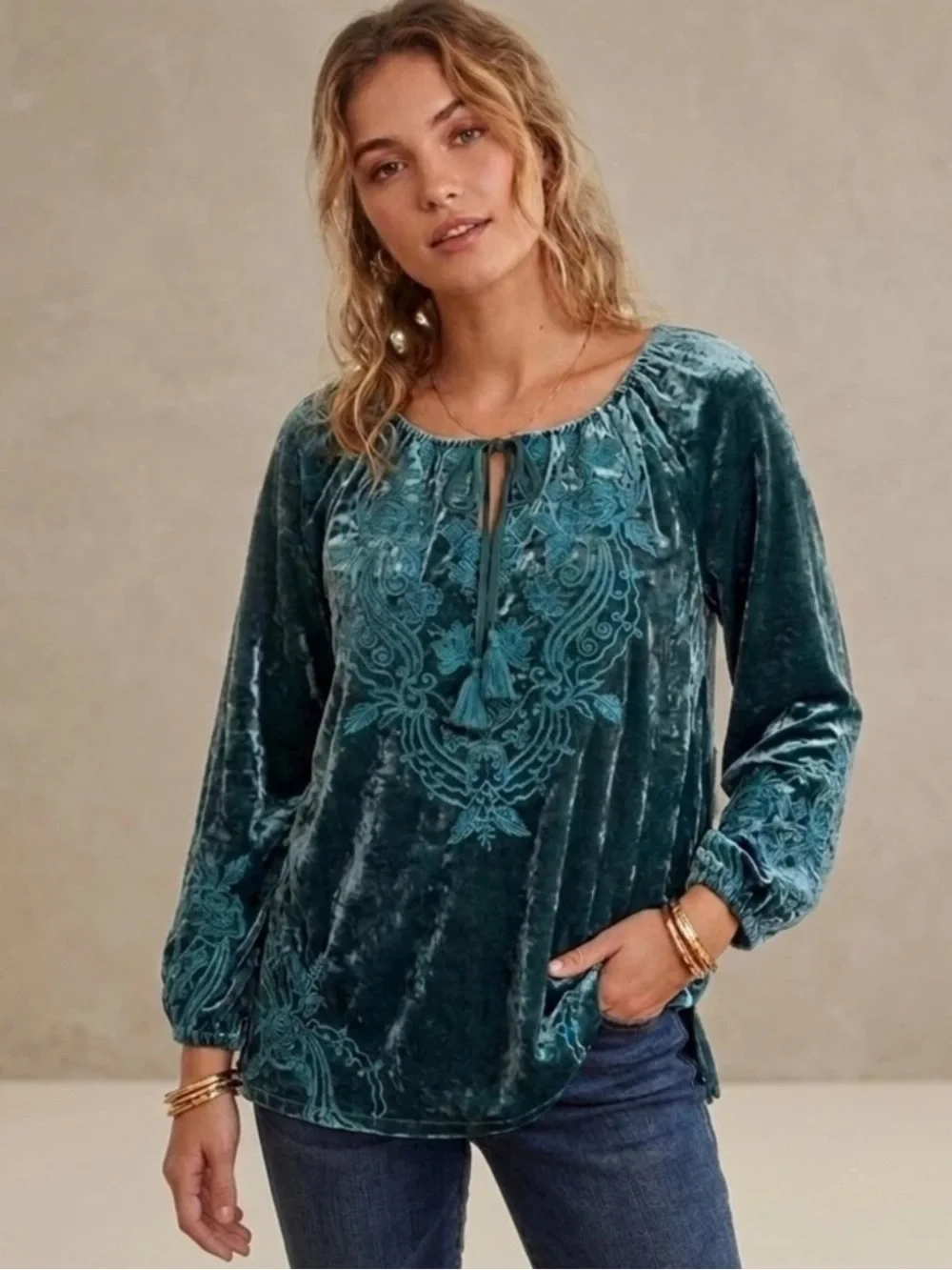 Johnny Was Carmel Crushed Velvet Relaxed Blouse Teal Embroidered Size Small NWT